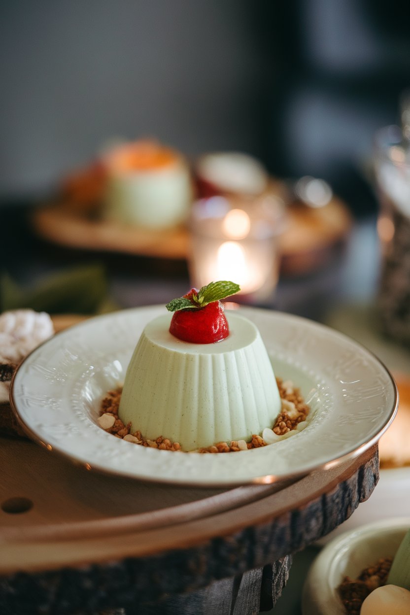 An indoor dessert plate with an unmolded pale green panna cotta, vanilla bean specks visible, no text or logos. Photo only.