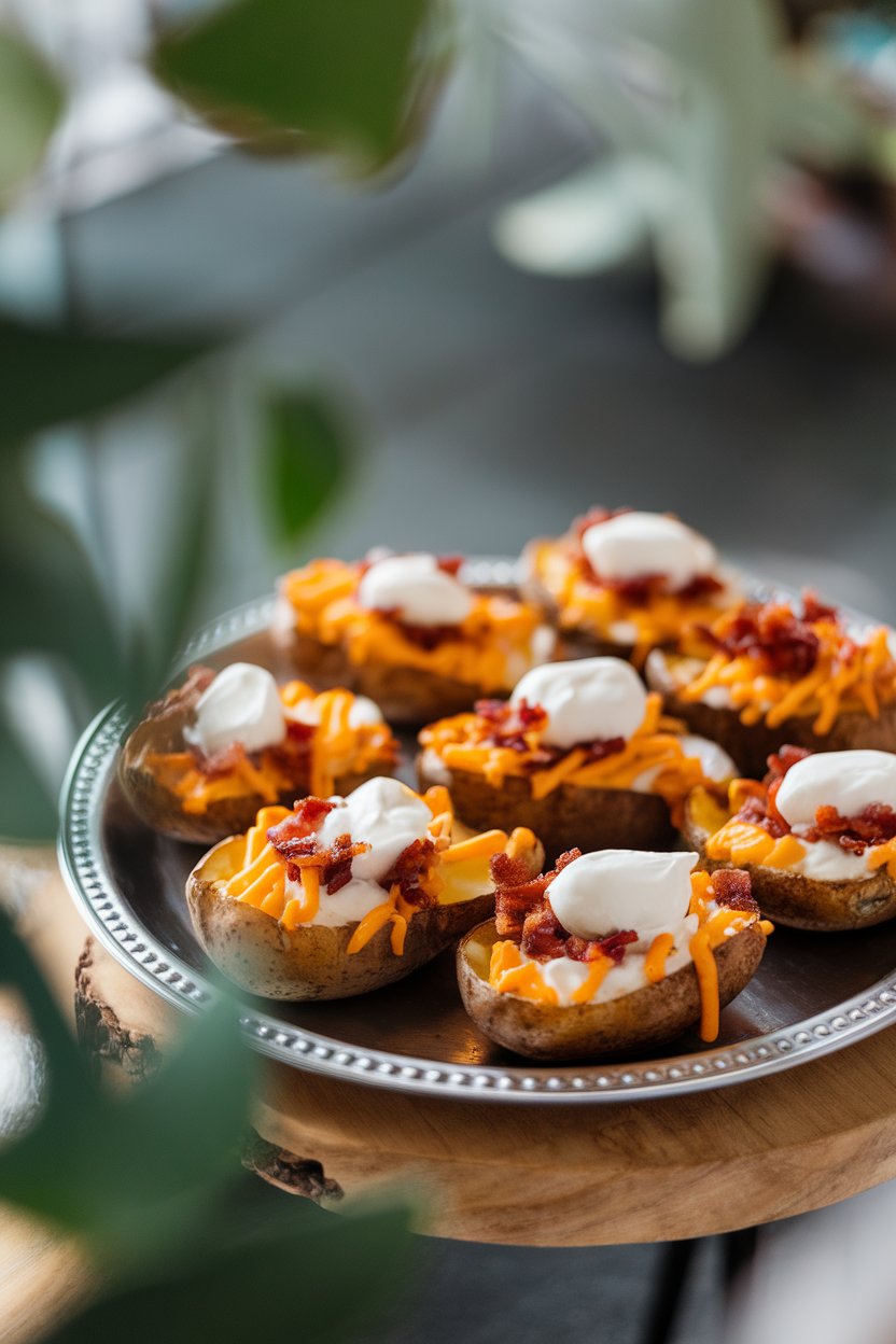 An indoor appetizer platter with crispy potato skins topped with melted cheddar, bacon bits, and dollops of sour cream, photographed at a 45-degree angle—no text or logos. Photo, not illustration.