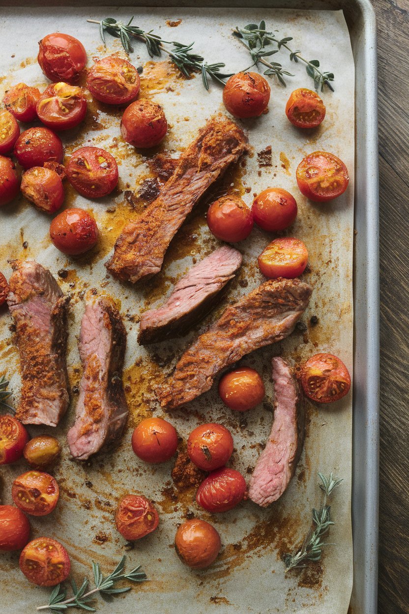 Indoor photo of harissa-rubbed lamb strips and burst cherry tomatoes scattered on a sheet pan. No text or logos.
