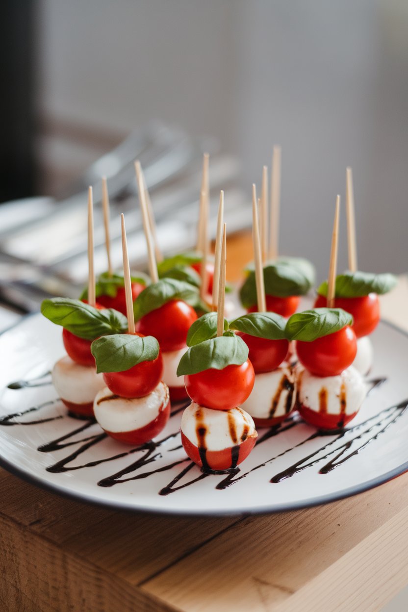 Indoor photo of short skewers with cherry tomatoes, mozzarella pearls, and basil leaves, balsamic glaze drizzled lightly; no text or logos.