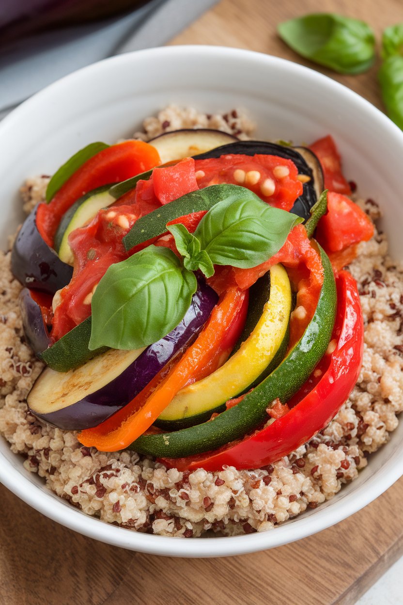 An indoor bowl of colorful ratatouille vegetables over fluffy quinoa, basil leaf garnish. No text or logos.