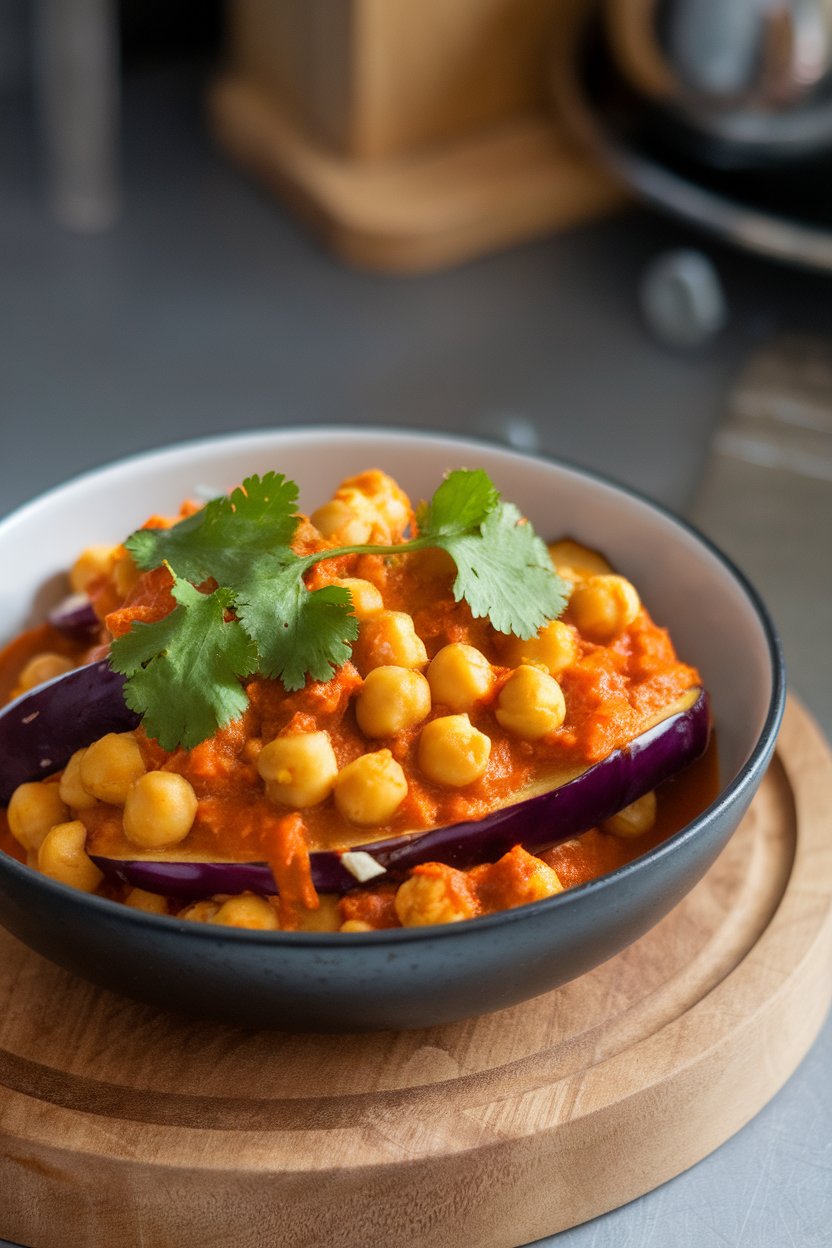 An indoor bowl featuring chunks of eggplant and chickpeas in a tomato-curry sauce, cilantro sprinkled. No text or logos.