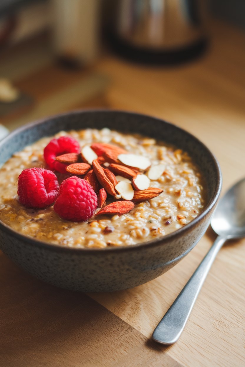 Indoor photo of a bowl of multigrain porridge topped with raspberries, goji berries, and sliced almonds, no text or logos visible