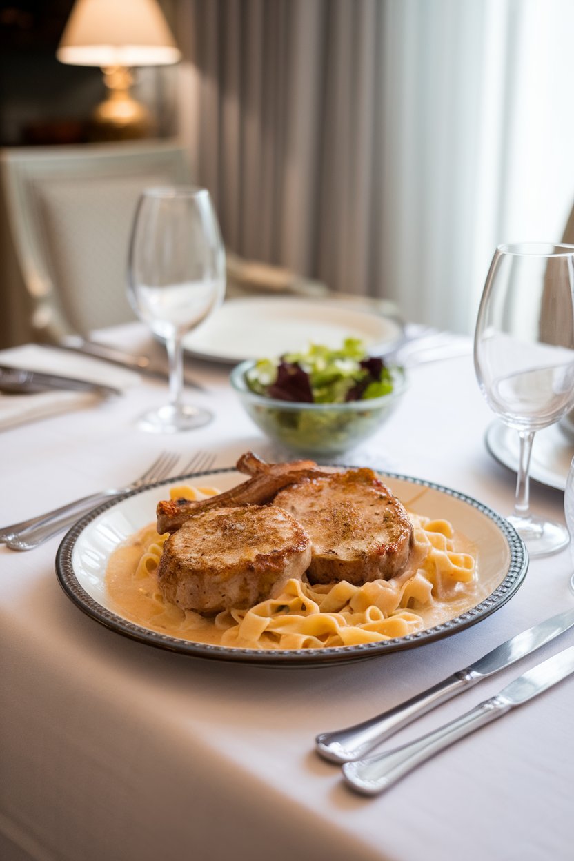 Indoor dinner table with pork chops in creamy Alfredo sauce over fettuccine, no text or logos.