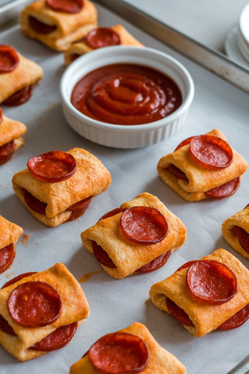 Photo of small crescent-wrapped pepperoni pizza bites on a baking sheet indoors, a bowl of marinara nearby, no text or logos