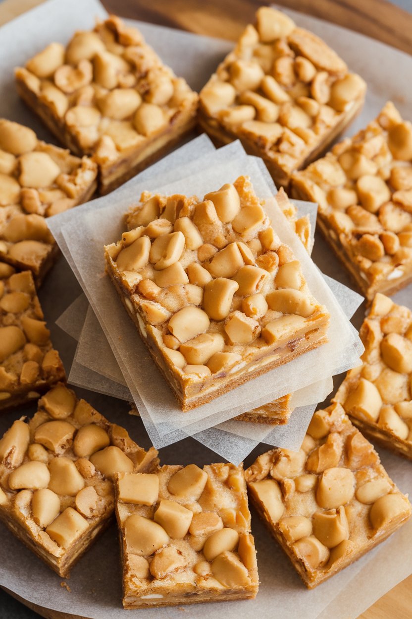 Indoor photo of blondie squares studded with toffee bits, stacked with parchment between layers. No text or logos visible.