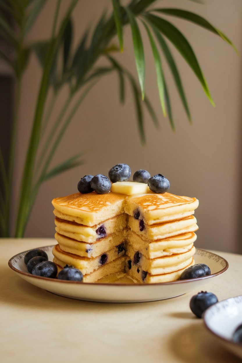 A stack of fluffy lemon ricotta pancakes on an indoor breakfast table, dotted with blueberries and a pat of butter melting on top. No text or logos. Photo.