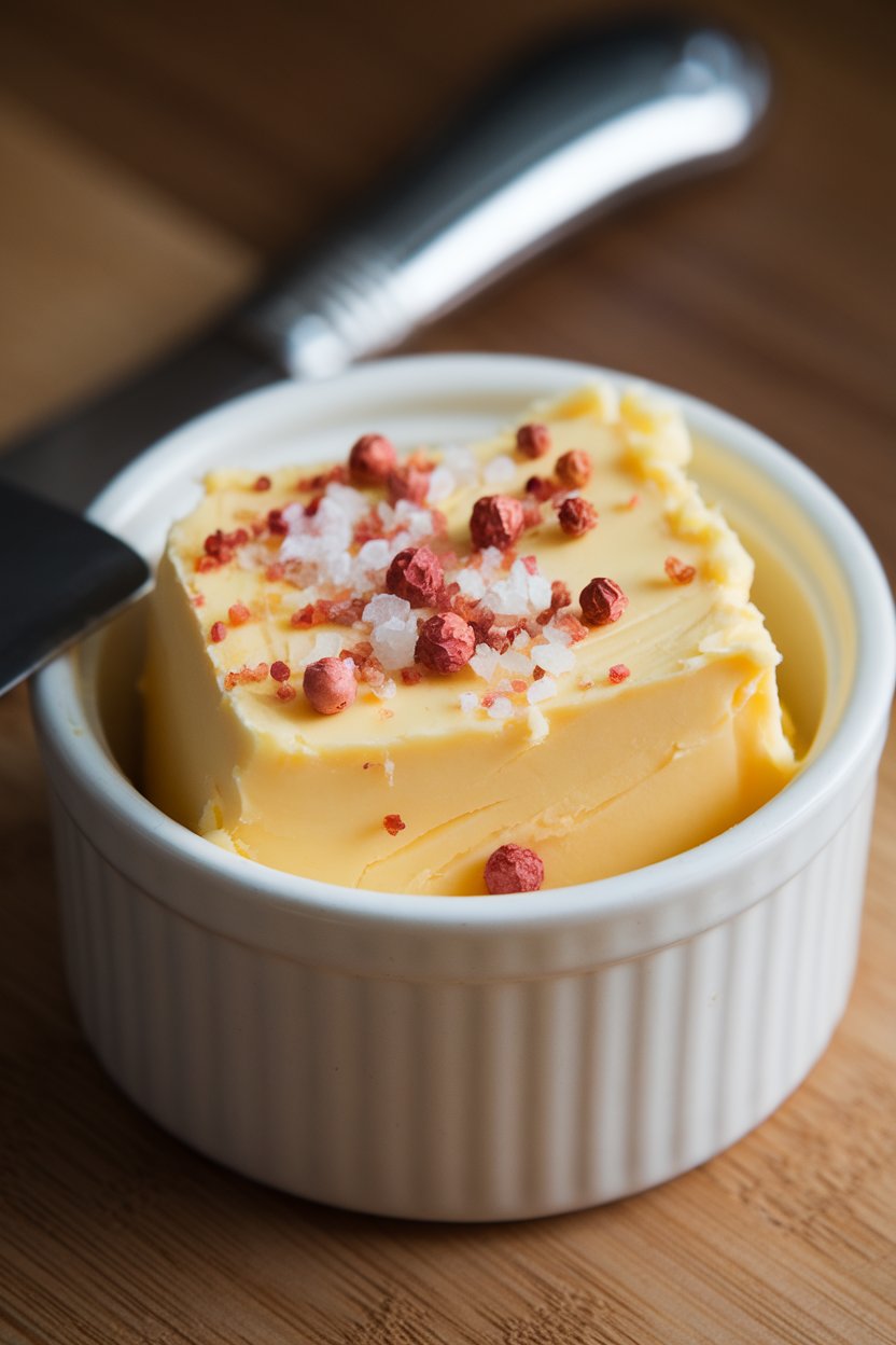 Indoor ramekin of softened butter flecked with crushed pink peppercorns and sea salt, butter knife resting. Photo, no text or logos.