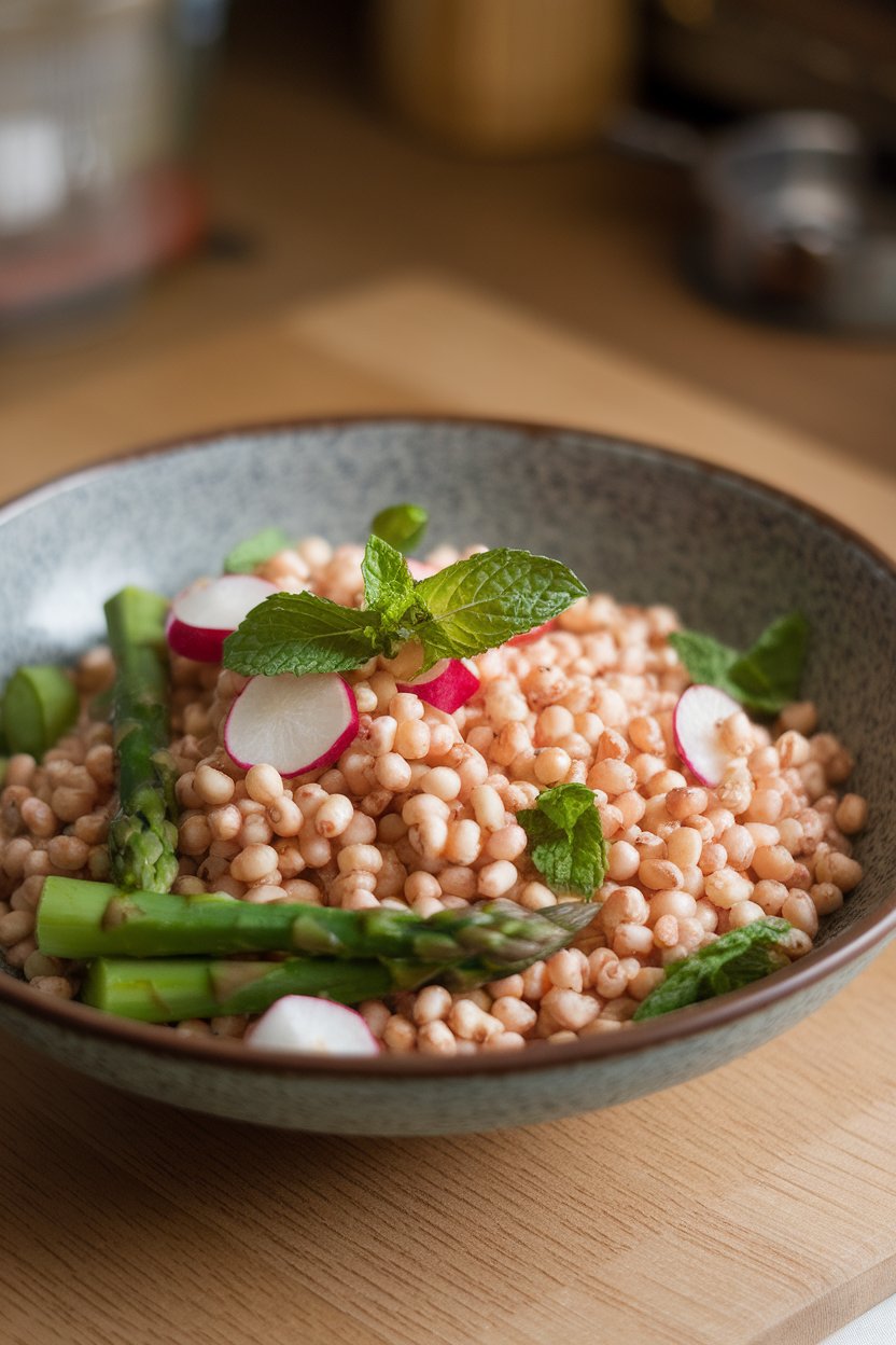 A shallow bowl indoors containing pearled farro mixed with blanched asparagus pieces, diced radish, and fresh mint leaves. No text or logos. Photo only.