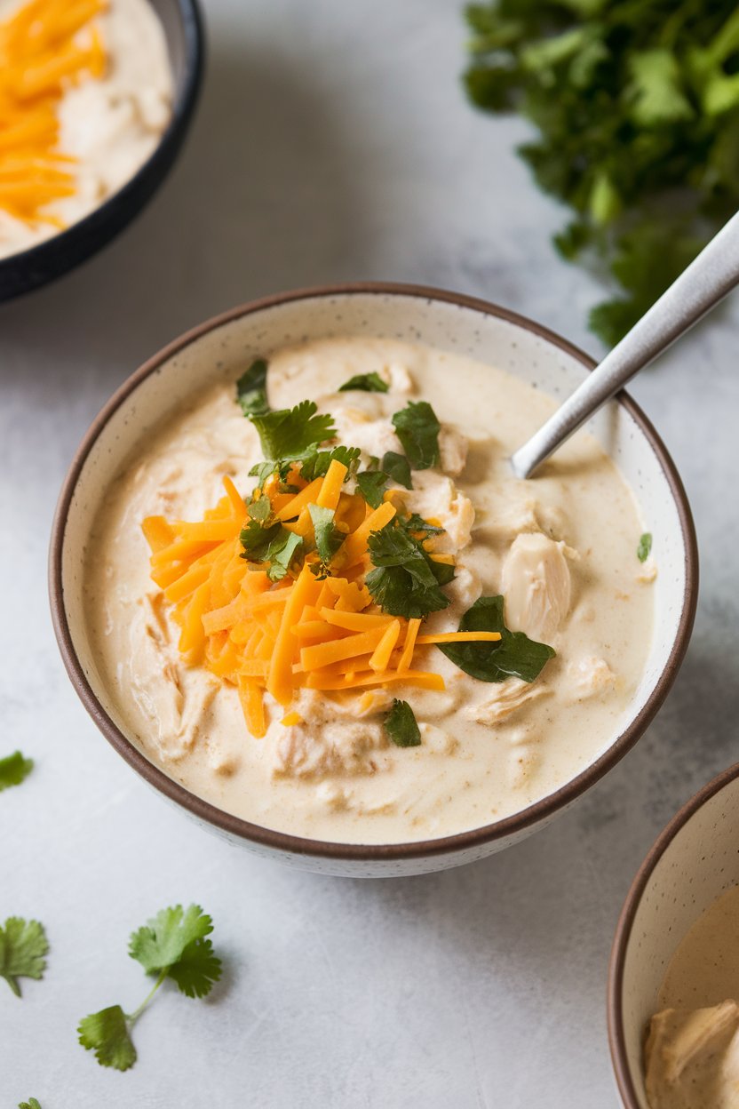 An indoor bowl of creamy white chicken chili topped with Monterey Jack cheese and chopped cilantro; photo only, no text or logos.