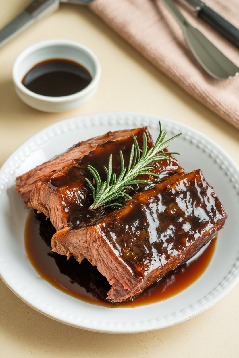 Indoor photo featuring short ribs in a glossy balsamic reduction, fresh rosemary sprigs on top; no text or logos