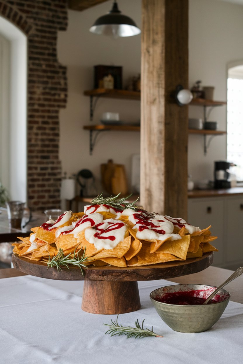 Indoor dining table with nachos topped by melted brie, cranberry sauce swirls, and rosemary; no text or logos, photo not illustration.