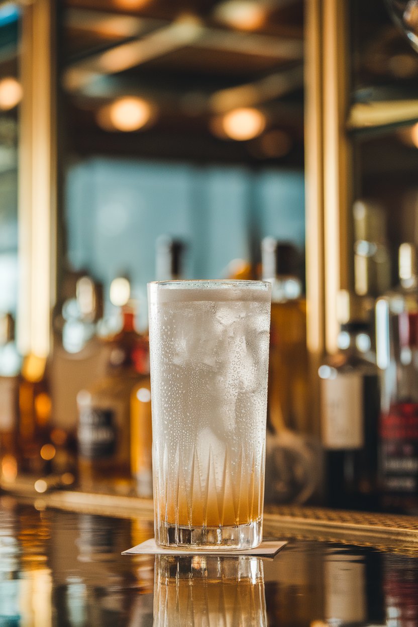An indoor art-deco bar with a tall Collins glass of frothy white Ramos gin fizz, condensation beads on glass. No text or logos. Photo.