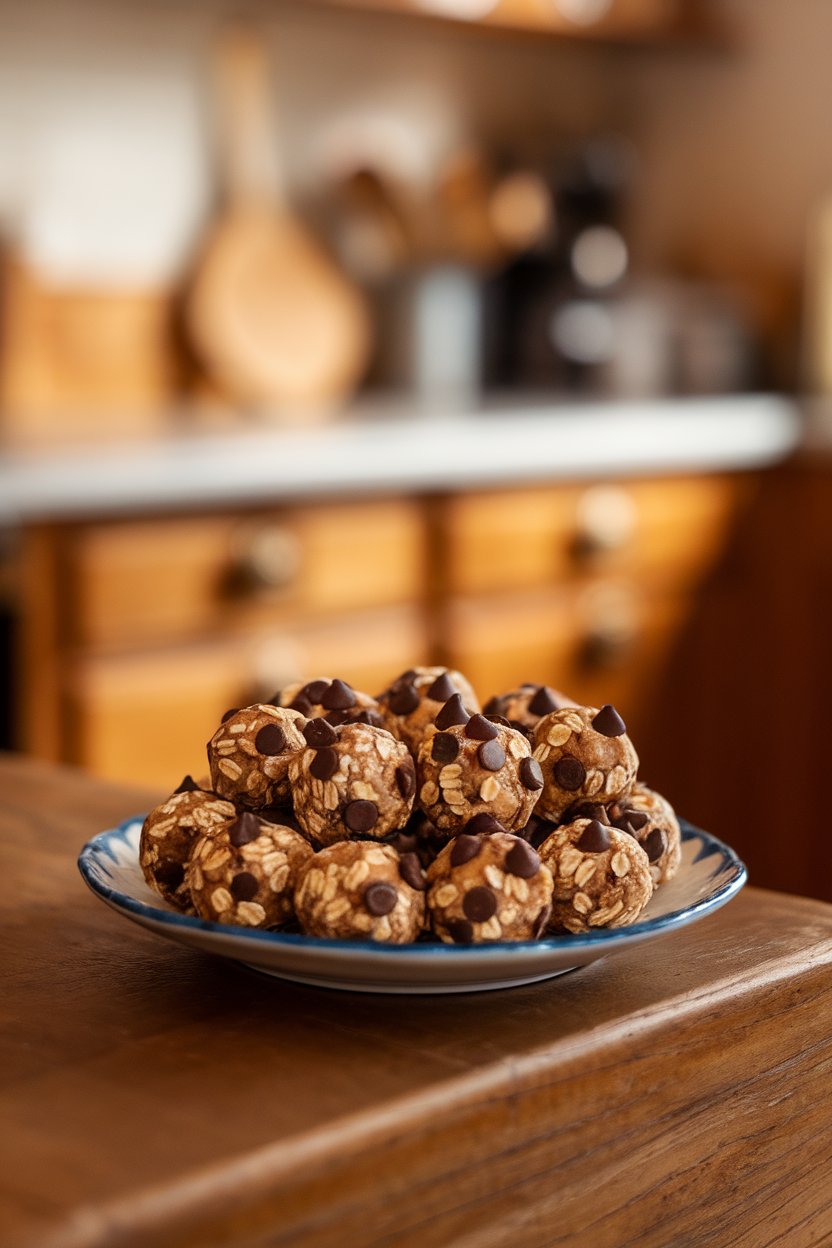 Photo of a small plate of round energy bites studded with dark chocolate chips and oats, warm indoor kitchen lighting. No text or logos.