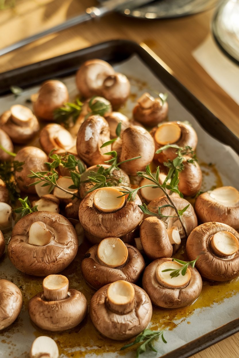 Indoor baking sheet piled with roasted button mushrooms glistening in garlic butter and herbs. No text or logos.