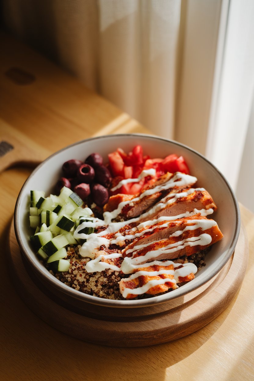 A warmly lit indoor tabletop showing a shallow bowl filled with grilled chicken breast strips, quinoa, chopped cucumber, tomato, Kalamata olives, and a drizzle of tzatziki. No text or logos anywhere in the scene.