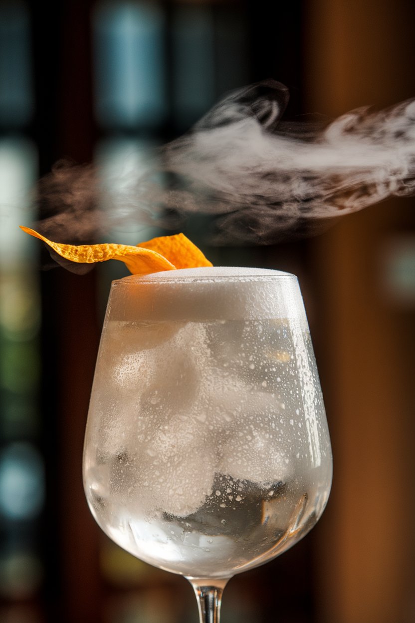 Photo of a frothy, towering white gin fizz in a Collins glass indoors, topped with an orange blossom water mist, condensation beads visible, no text or logos
