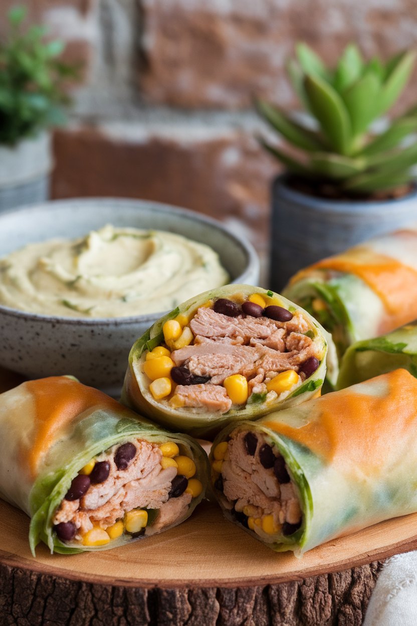 Photo of halved Southwest egg rolls revealing black beans, corn, and chicken, presented indoors with avocado ranch dip, no text or logos