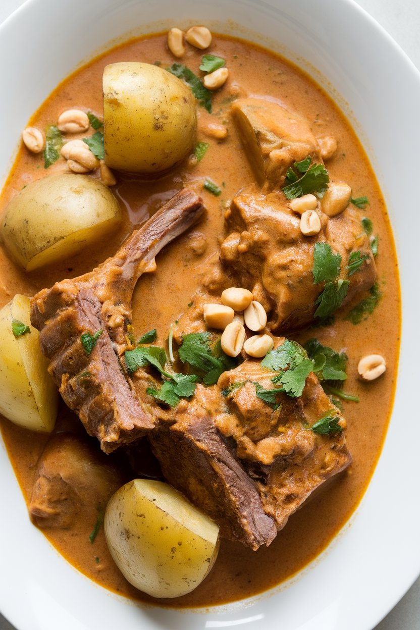 Indoor photo of short ribs in creamy Massaman curry with potatoes and peanuts; no text or logos