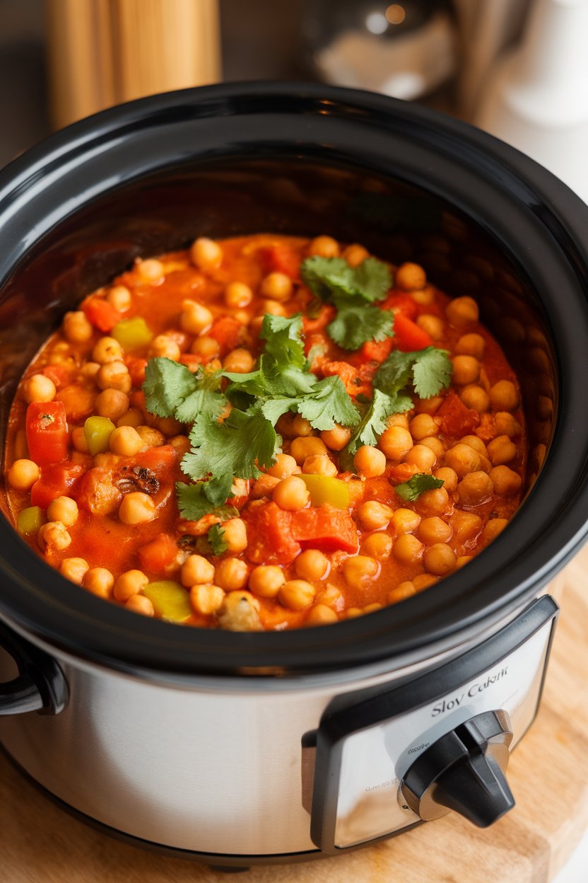 Indoor photo of a slow cooker crock brimming with tomato-based chickpea stew, garnished with cilantro. No text or logos.