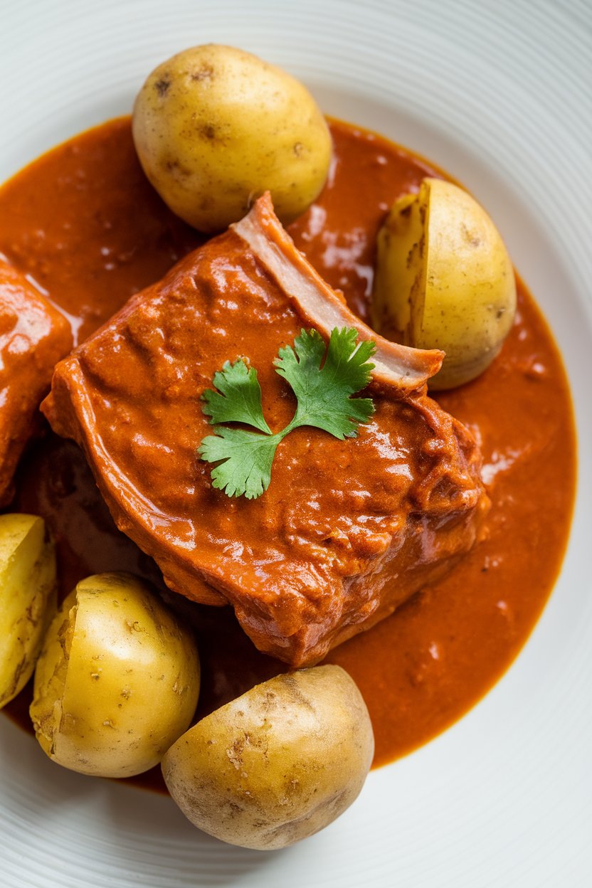 Indoor photo of short ribs in bright red curry sauce with potatoes; no text or logos
