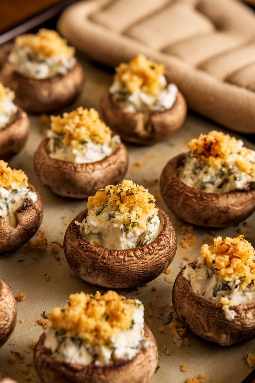 An indoor baking sheet with browned stuffed mushroom caps filled with herbed cream cheese and breadcrumbs. No text or logos. Photo, not illustration.