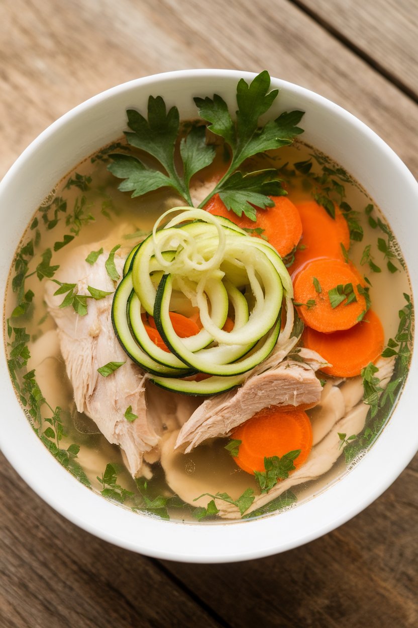 Indoor bowl of clear chicken soup with spiralized zucchini noodles, carrot coins, and parsley. Photo only.