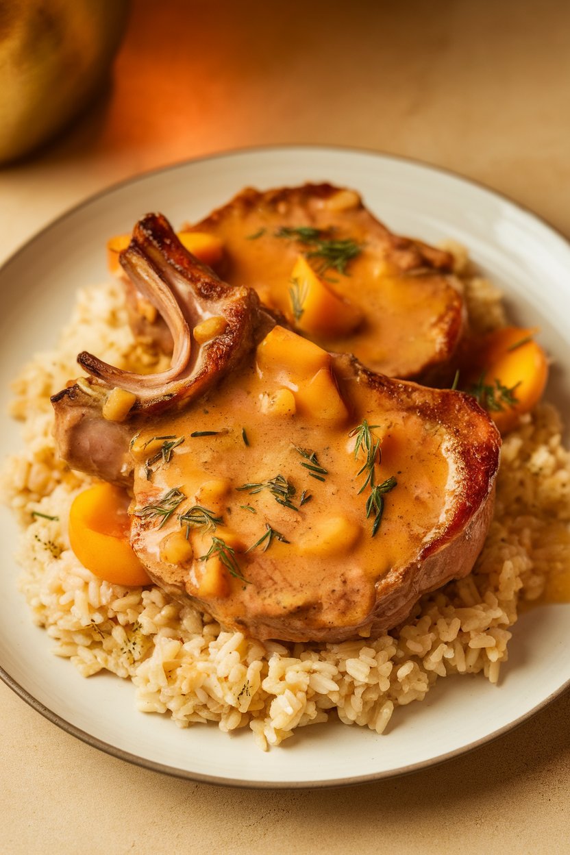 Indoor shot of pork chops bathed in peach-ginger sauce, rice pilaf alongside, no text or logos.