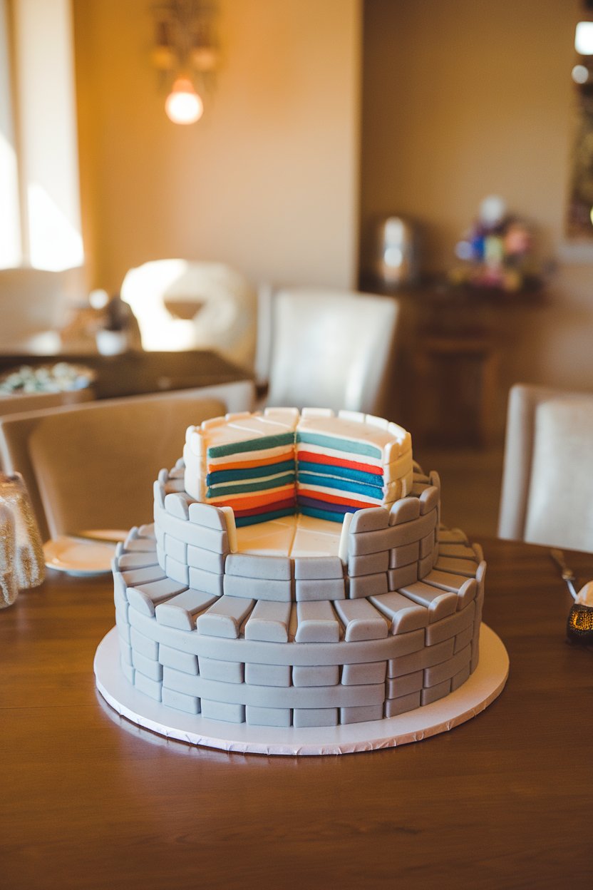 A warmly lit indoor dining table showing a tall round cake with stepped gray-fondant tiers mimicking stadium seats, center cut revealing multiple colored layers—no text or logos.