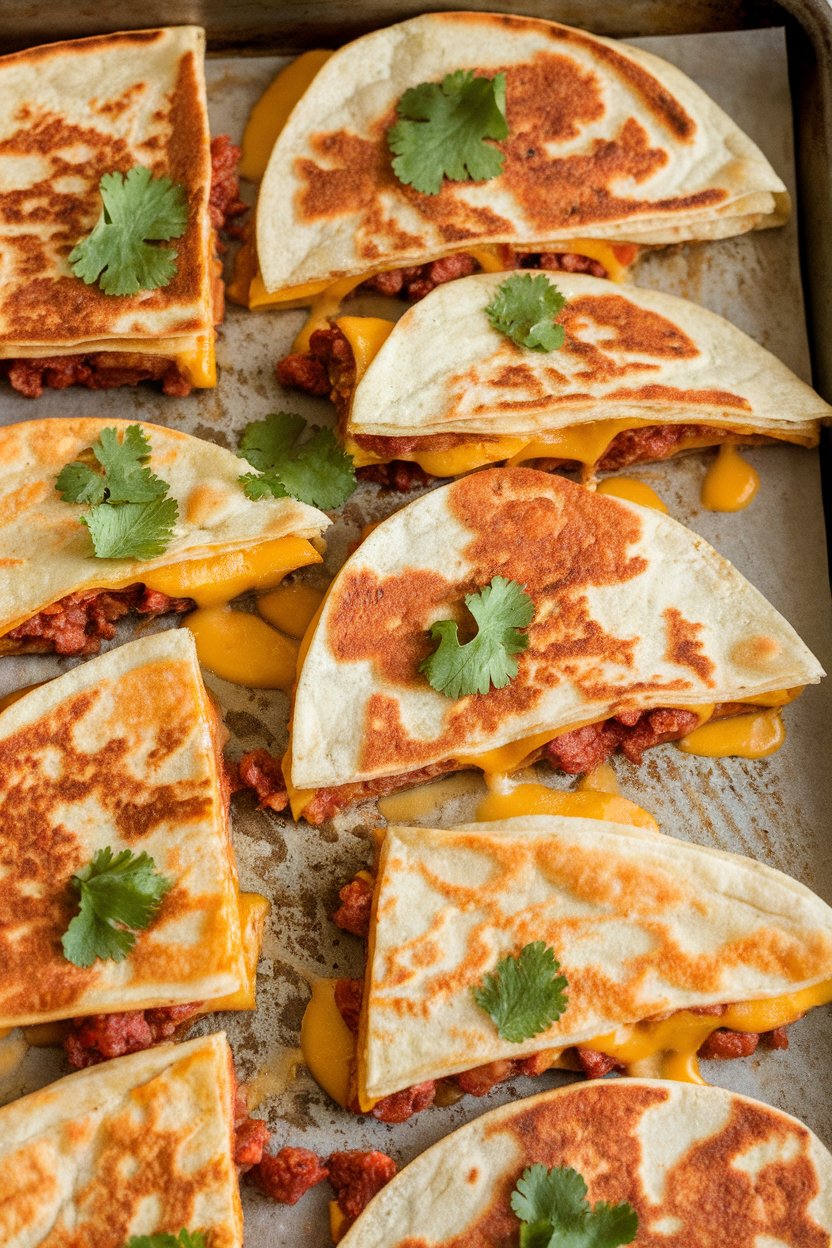 Indoor sheet-pan image of chorizo-and-potato quesadilla slices, cheese oozing, no logos.