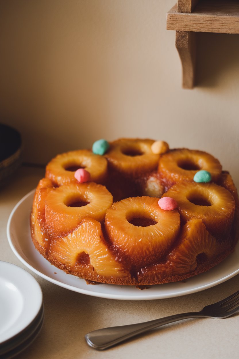 Photo of an upside-down cake with caramelized pineapple rings and colored sugar accents; indoor setting; no text or logos.