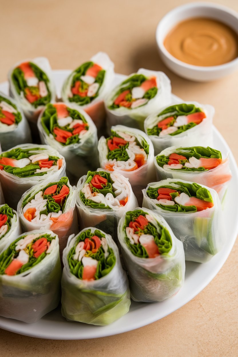 An indoor platter of fresh rice-paper spring rolls stuffed with colorful veggies and herbs, accompanied by peanut dipping sauce. No text or logos. Photo, not illustration.