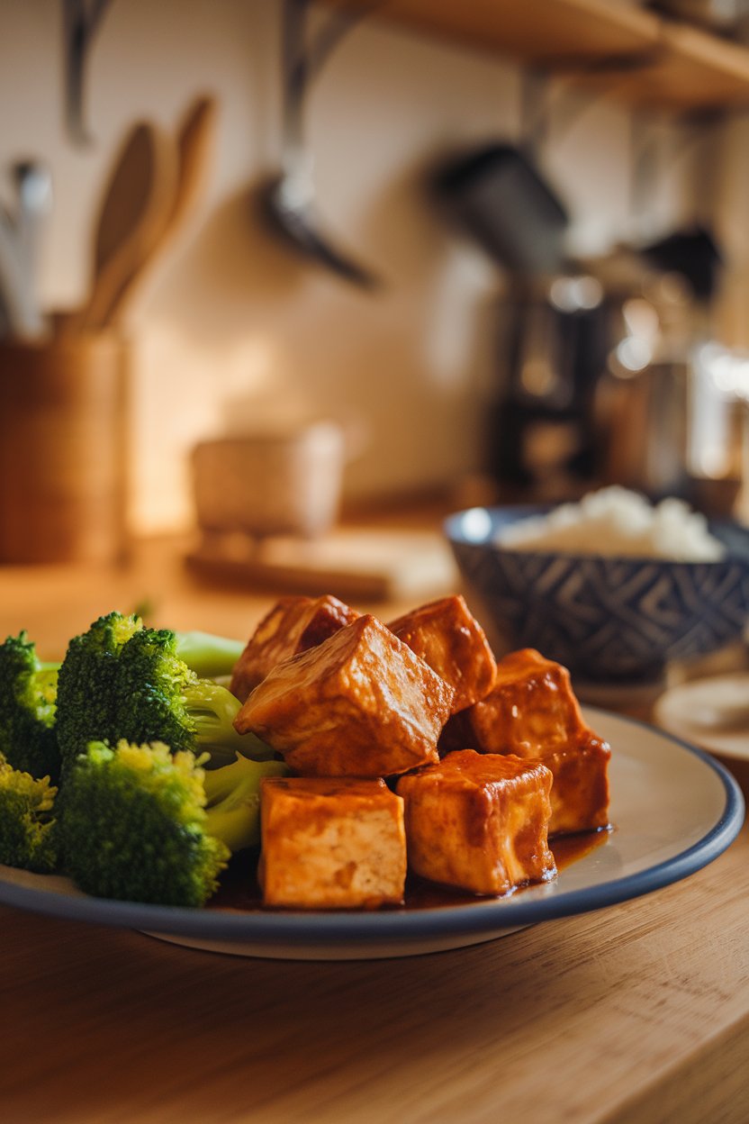 Photo of a plate with seared tofu cubes glazed in teriyaki sauce alongside steamed broccoli, shot in a cozy indoor kitchen. No text or logos.