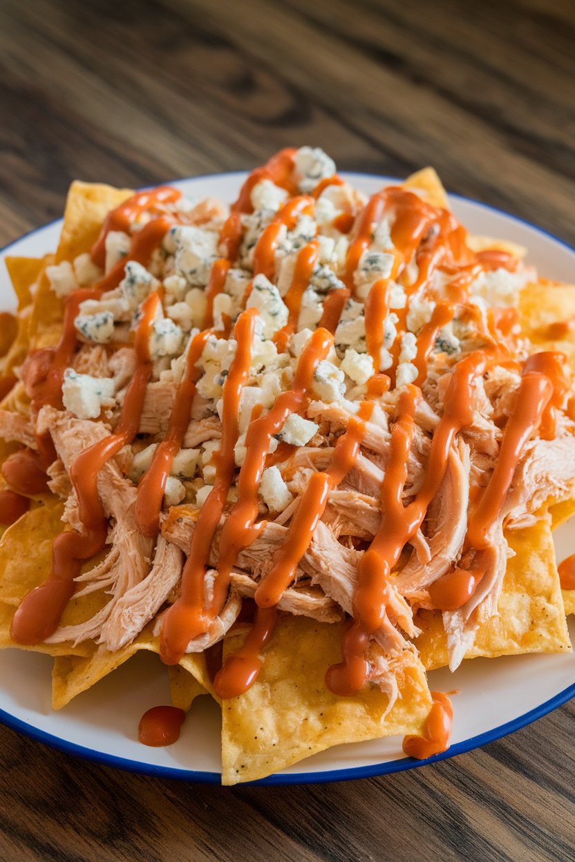 Indoor photo of nachos drizzled with buffalo sauce, blue cheese crumbles, and shredded chicken, no text or logos.