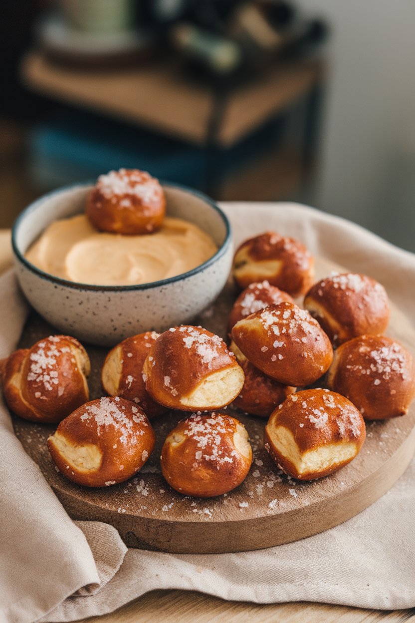 Photo of soft pretzel bites sprinkled with coarse salt on a wooden board indoors, warm beer cheese dip in a bowl, no text or logos