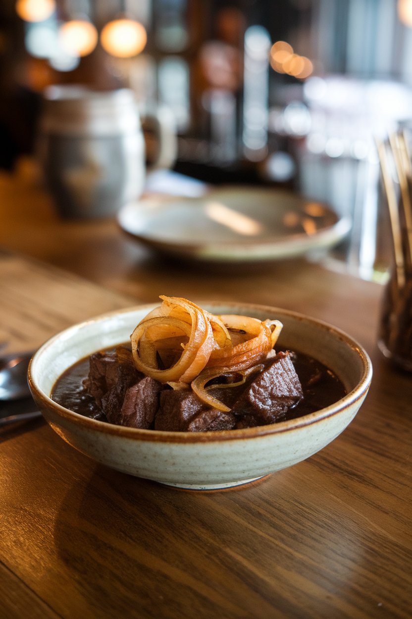 Indoor pub counter featuring a bowl of dark stout-braised beef stew with caramelized onion ribbons. No text or logos. Photo.