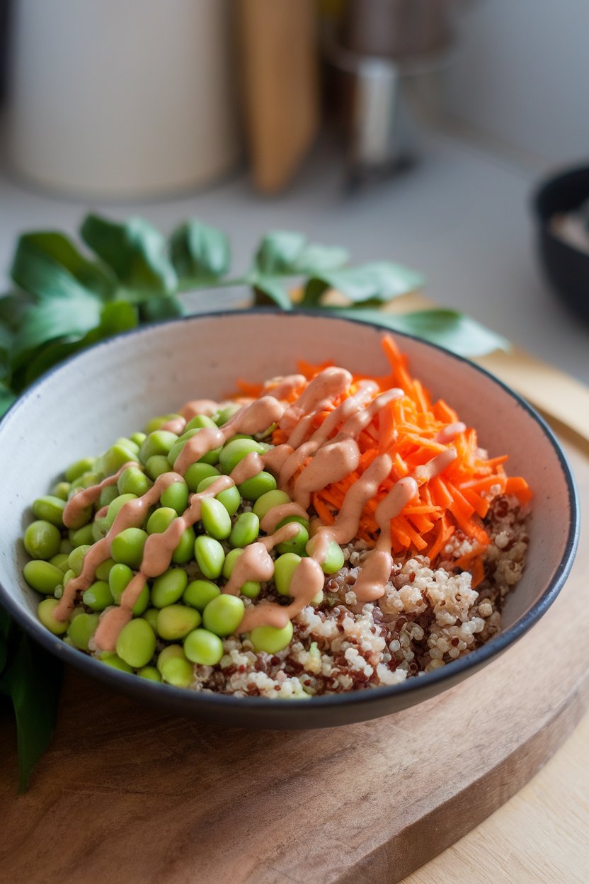 Indoor photo of a shallow bowl filled with quinoa, shelled edamame, shredded carrots, and a drizzle of sesame ginger sauce. No text or logos.