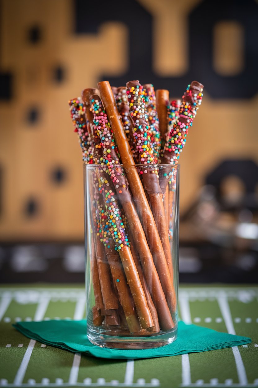 An indoor tall glass holding pretzel rods half-coated in chocolate and rolled in sprinkles, football field of green napkin underneath—no text or logos. Photo, not illustration.