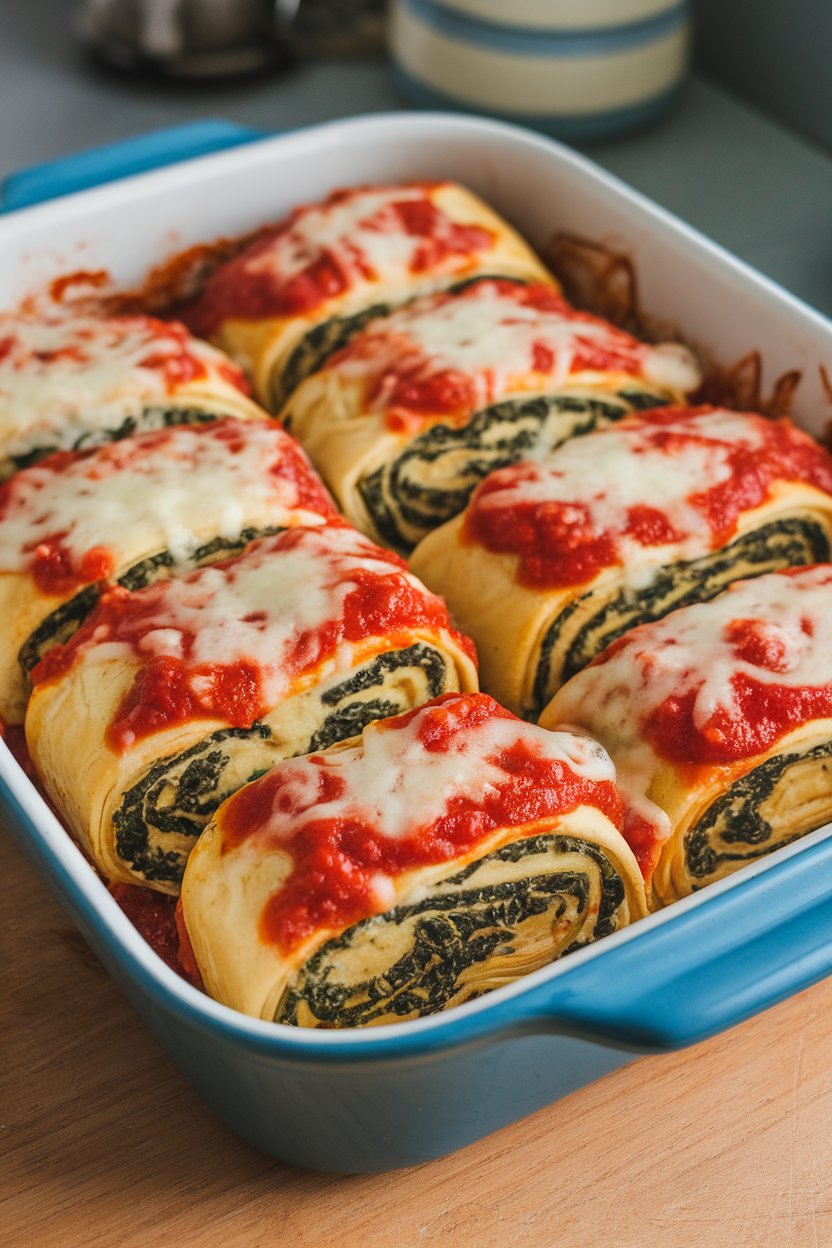 An indoor baking dish lined with individual lasagna rolls stuffed with spinach and artichoke filling, topped with marinara and melted cheese. No text or logos. Photo, not illustration.
