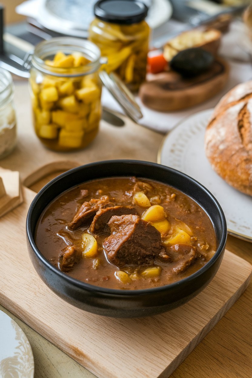 Indoor dinner table showcasing a bowl of glossy beef stew with visible garlic cloves and a honey sheen. No text or logos. Photo.