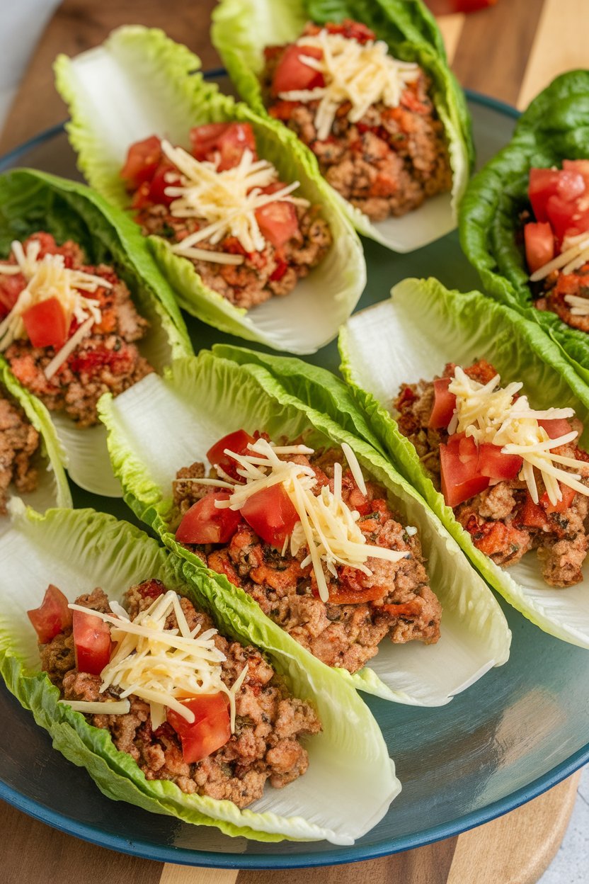 Indoor platter of romaine leaves filled with seasoned ground turkey, diced tomatoes, and shredded cheese, no text or logos. Photo only.