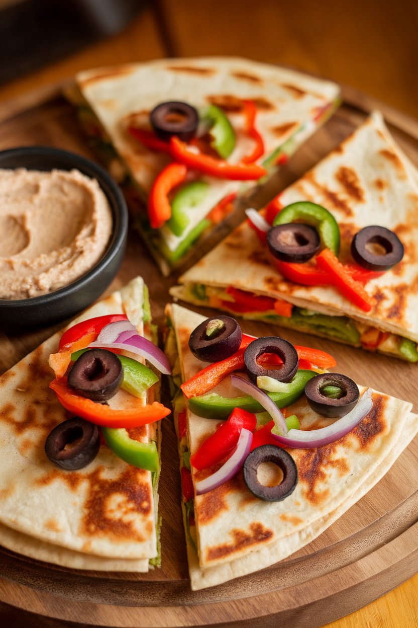 Warm indoor shot of vegetable-and-hummus quesadilla wedges, colorful veggies peeking out, no text or logos.