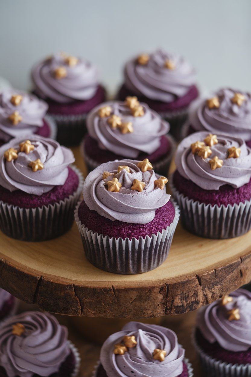 Indoor photo of deep-purple crumb cupcakes with buttercream rosettes and gold star sprinkles, no text or logos