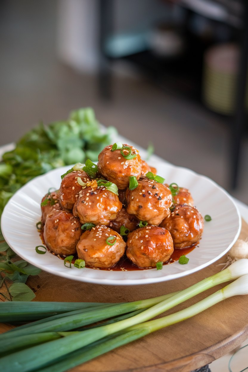 Indoor white platter of glazed chicken meatballs sprinkled with sesame seeds and scallions. No text or logos.