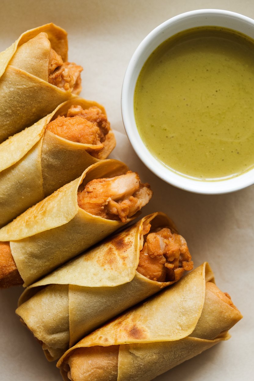 Indoor photo of rolled, fried chicken taquitos stacked beside a bowl of salsa verde, shot from overhead. No branding or text visible.