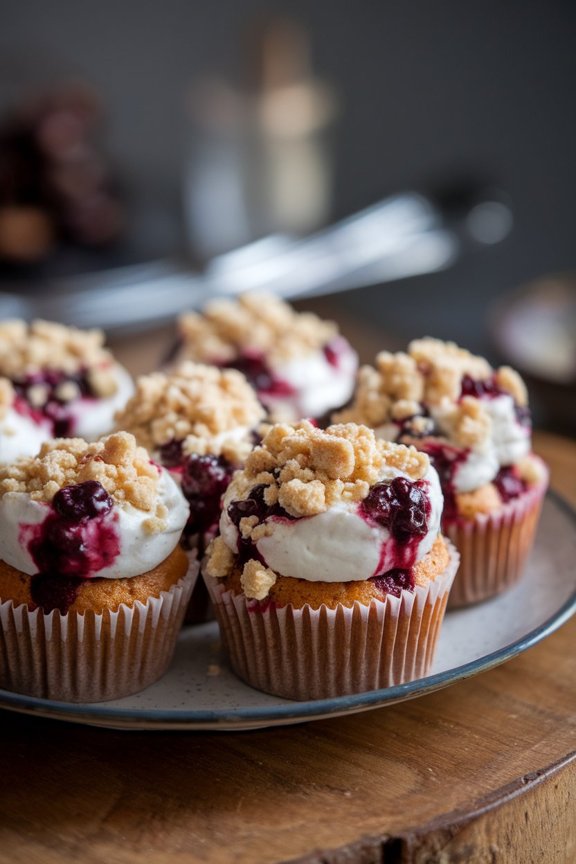 Indoor photo of cupcakes bursting with blackberry compote, crumbled streusel on top, no text or logos