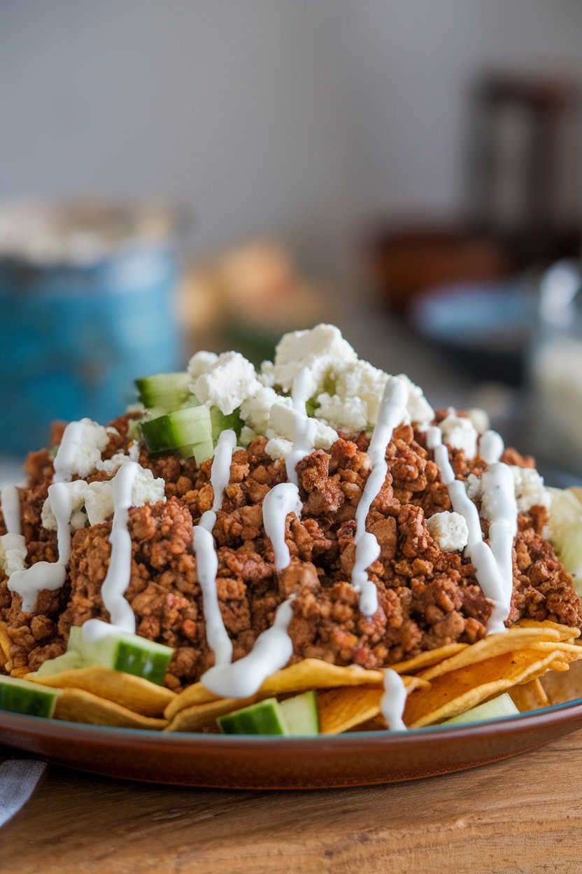 Indoor table showing nachos with spiced ground lamb, feta crumble, diced cucumber, and tzatziki; no text or logos, photo not illustration.