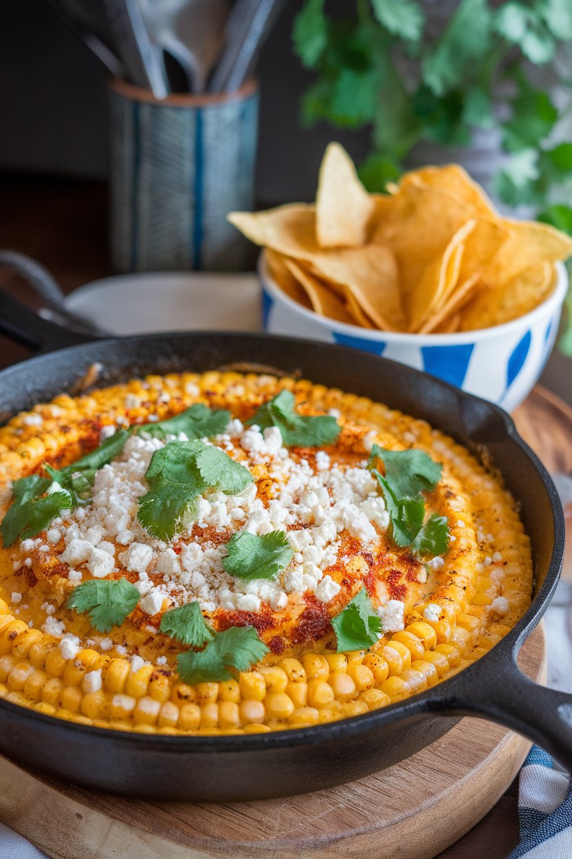 Indoor photo of a skillet filled with creamy Mexican street corn dip topped with cotija and cilantro, chips on the side. No text or logos visible.
