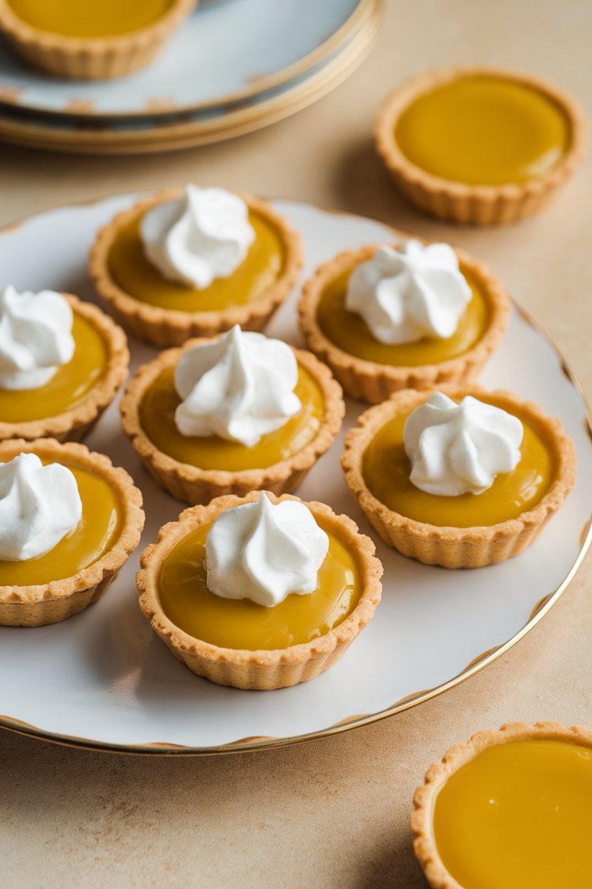 An indoor dessert plate with mini tart shells filled with glossy lime curd, a small dollop of whipped cream on each, no text or logos. Photo only.