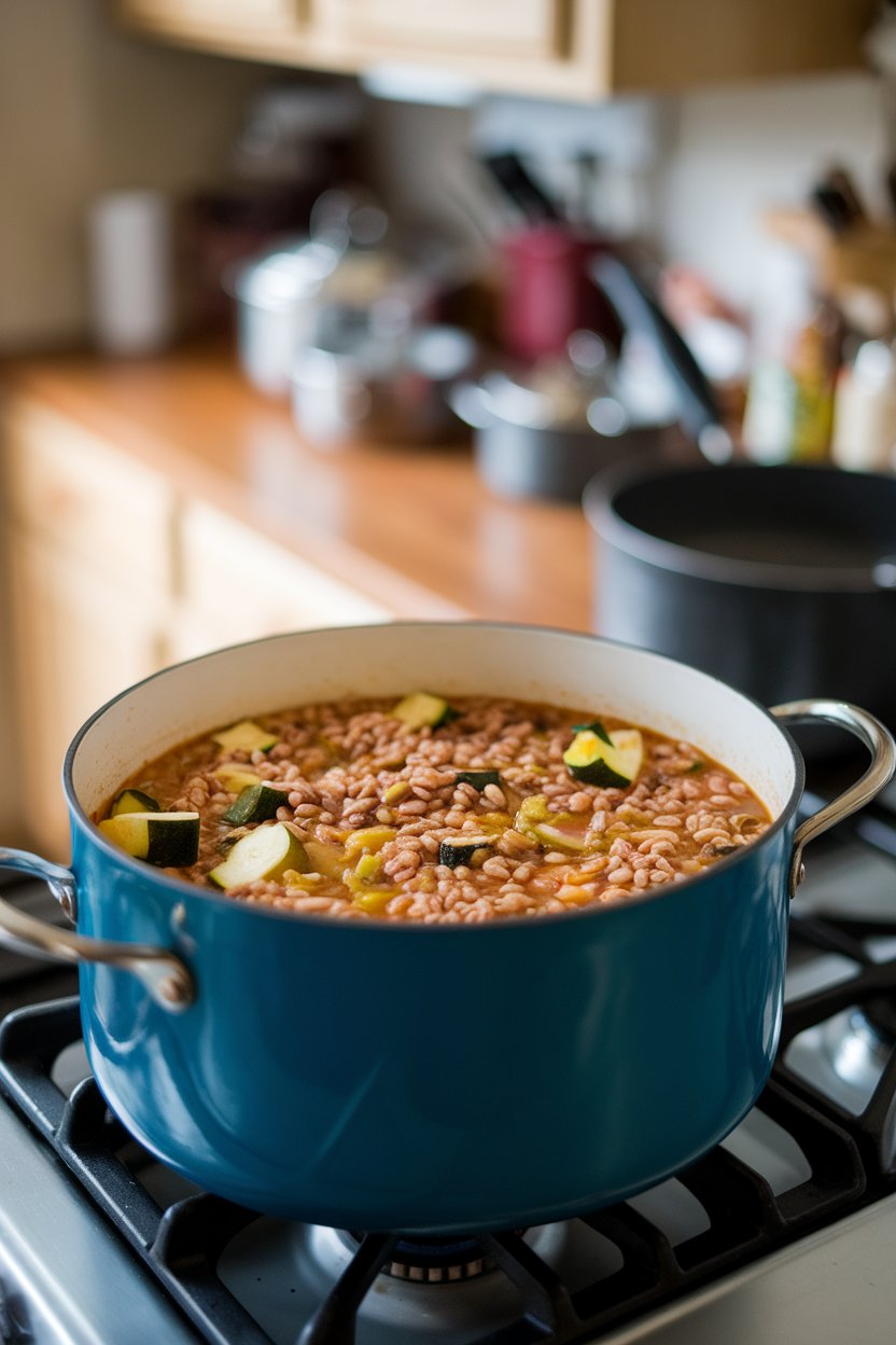 Indoor photo of a stockpot of vegetable minestrone featuring farro grains, zucchini, and beans on a range. No text or logos.